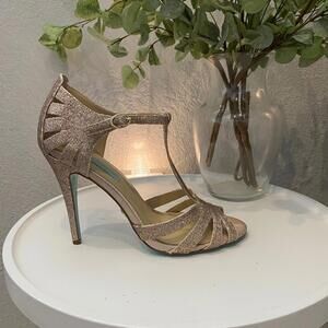 Betsy Johnson Blue By Betsy Tee Sandal Heel Sparkle Glitter Gold 8 Excellent